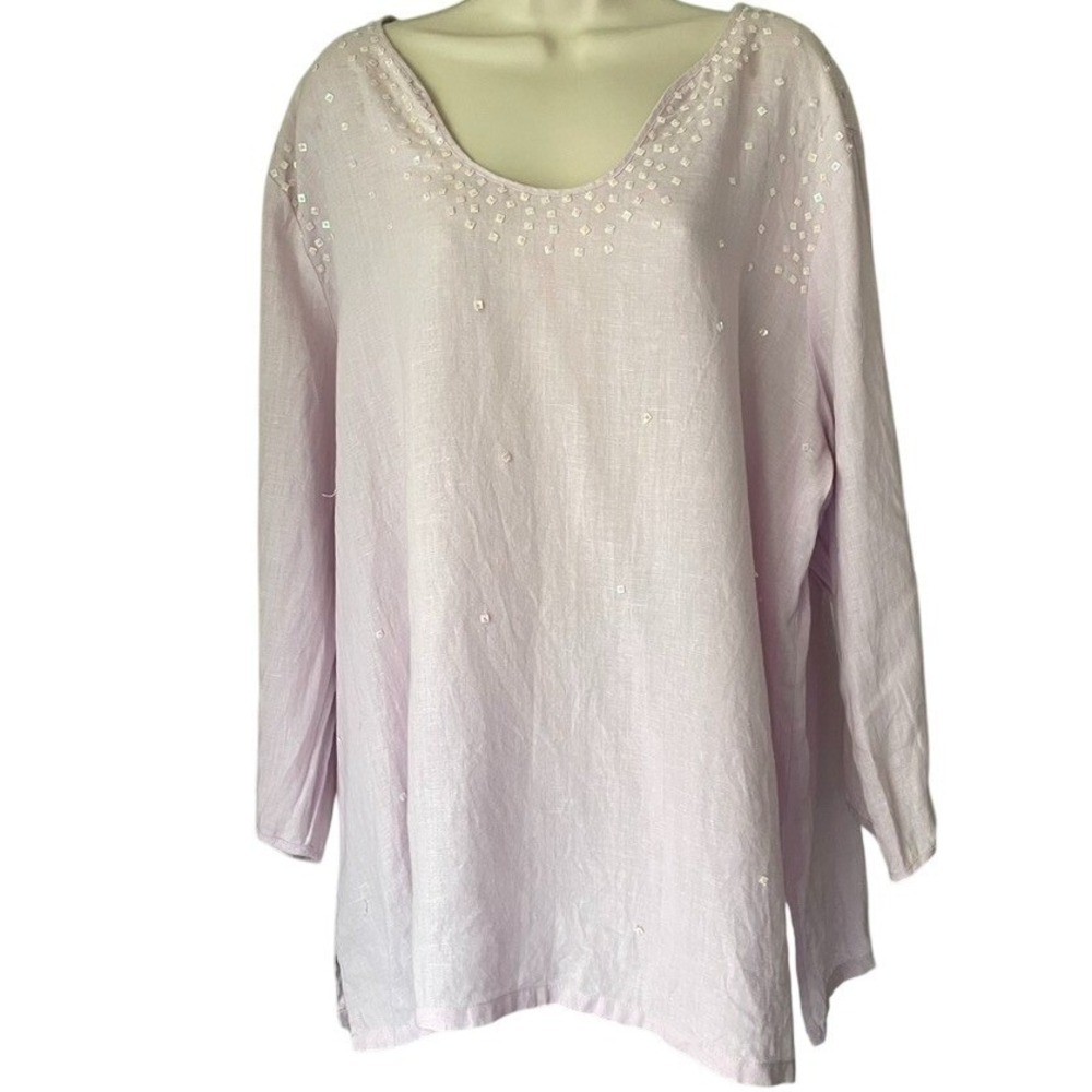 Carole Little Woman Linen Beaded Sequin Tunic Top 3X Pink‎